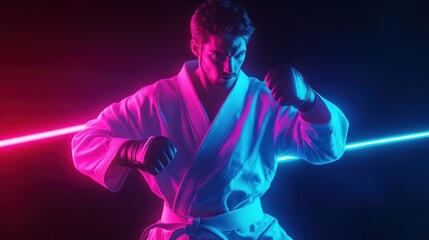 A martial artist in a dynamic pose, illuminated by vibrant blue and pink lights.