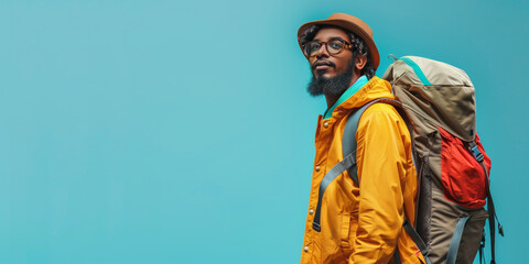 Portrait of a young Black man wearing a yellow jacket and backpack, ready for an adventure, symbolizing exploration and travel
