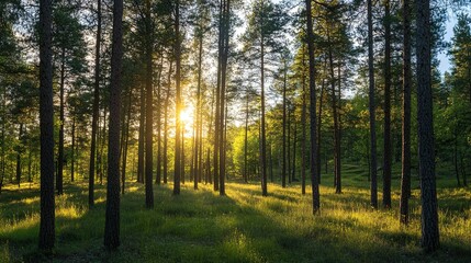 Obraz premium Deep within a dense forest, a hidden clearing is illuminated by the golden light of early evening. The tall trees surrounding the clearing cast long shadows, creating a natural canopy overhead. 