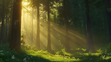 Fototapeta premium Deep within a dense forest, a hidden clearing is illuminated by the golden light of early evening. The tall trees surrounding the clearing cast long shadows, creating a natural canopy overhead. 