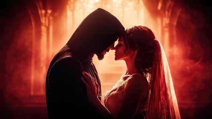 A shadowy figure hiding in the unseen, preparing a doublecross as two lovers succumb to lust, tension building in a dark, forbidden fantasy scene