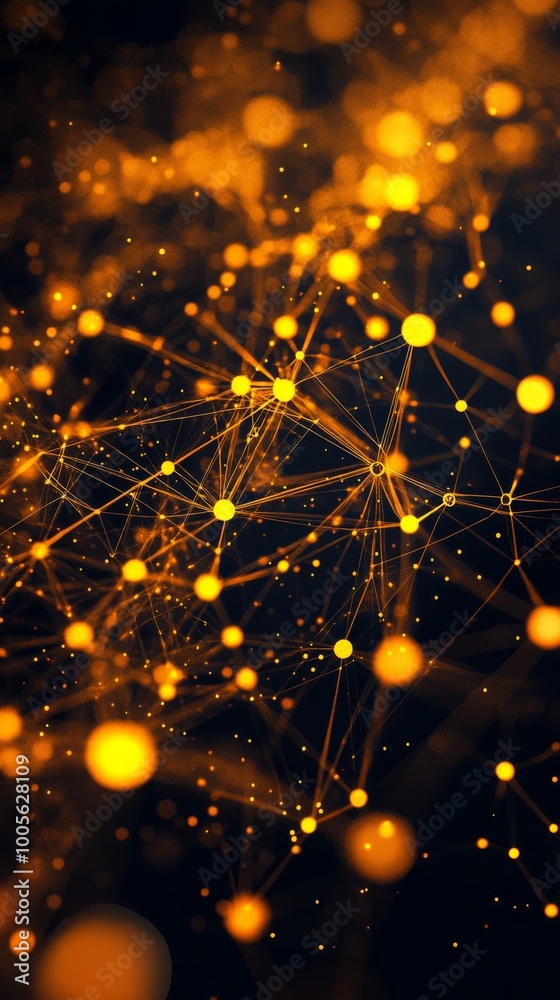 Poster the composition showcases a network of golden lines and luminous nodes, creating an abstract represe