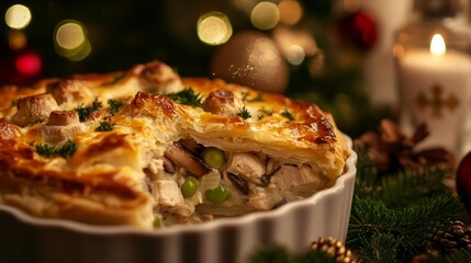 Close-up 4K photo of homemade chicken mushroom leek pie leftover from Christmas | festive culinary delight