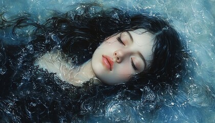 Mysterious and alluring young woman sleeping in a serene frozen water setting, detailed and captivating, conveying a sense of peace and intrigue