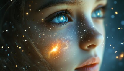 Portrait of a beautiful young girl with a thoughtful expression, reflecting space and galaxies in her eyes, symbolizing the depth of her mental health