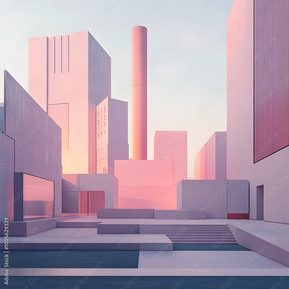 Poster minimalist pastel distillery with sharp angular architectural forms muted color tones and smooth sur