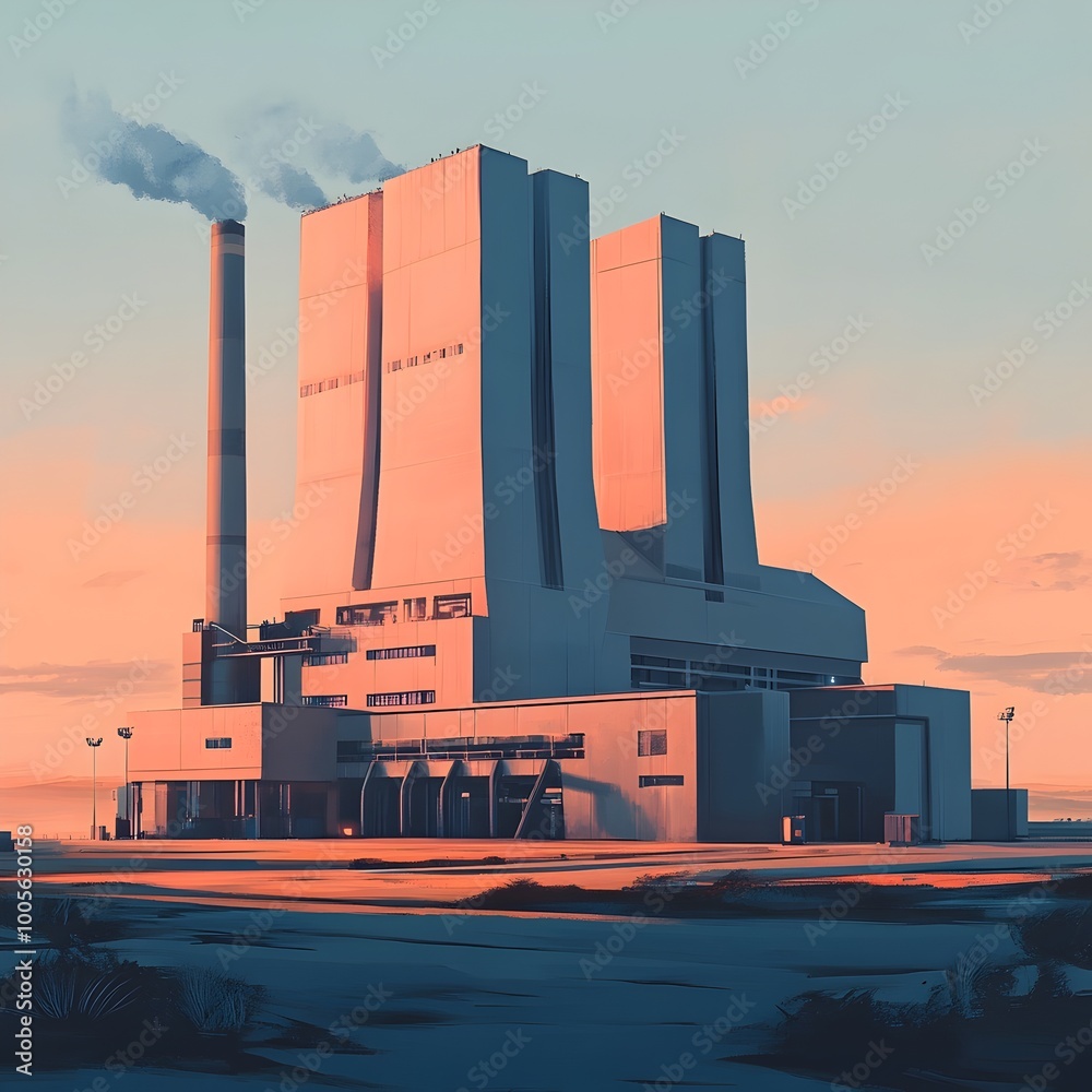 Poster streamlined and simplified architectural elements of a power station featuring a bold primary color 