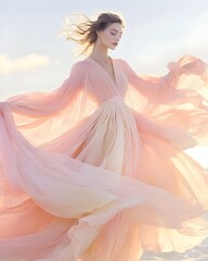 Elegant fashion photography featuring a captivating model in a billowing pastel chiffon dress with a wispy impressionist inspired aesthetic and diffuse backlighting creating a serene