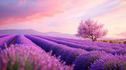 Obraz premium Lavender Field Sunset: A solitary tree blooms amidst a mesmerizing expanse of lavender fields bathed in the soft glow of a setting sun.