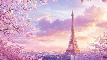 Parisian Dream: Cherry Blossoms and the Eiffel Tower at Dawn 