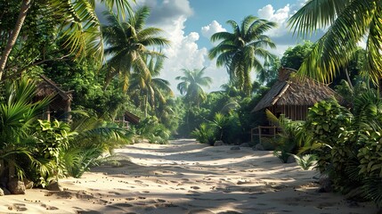 Obraz premium Tropical Beach Paradise with Palm Trees and Huts