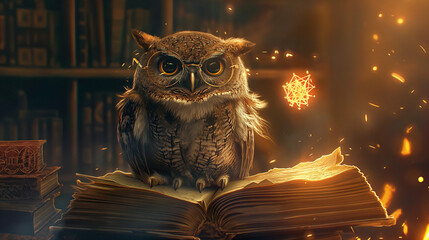 A wise owl with large round glasses sitting on a stack of magical books. The books glow with soft light, and the owl is writing with a quill pen. Floating symbols and runes dance in the air around it.