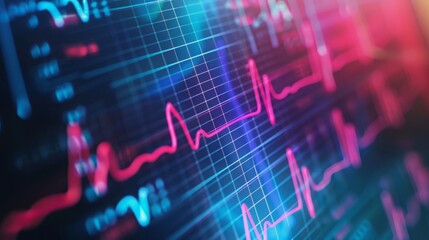 A close-up shot of a monitor displaying a heart rate reading with blue and pink lines.