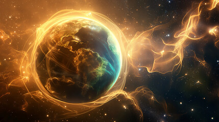 Fototapeta premium The Earth wrapped in golden ribbon, floating among the stars, surrounded by swirling elements of water, fire, air, and earth. The elements orbit around the planet