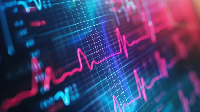 A close-up shot of a monitor displaying a heart rate reading with blue and pink lines. - Powered by Adobe