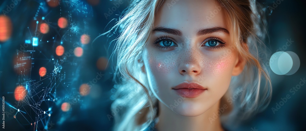 Poster professional portrait of a blonde caucasian woman in information technology, surrounded by data flow