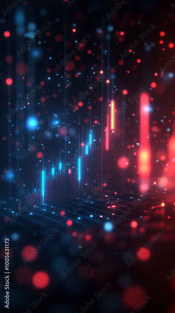 Poster bright blue and red lights create an abstract representation of data points, illuminating a digital 