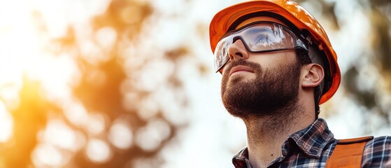 Professional treetrimmer with safety helmet, forest trees visible behind him, set against a clean white background, with generous copy space
