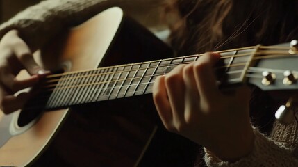Fototapeta premium Close-Up of Girl's Hands on the Guitar Strings, playing the chords on the guitar strings
