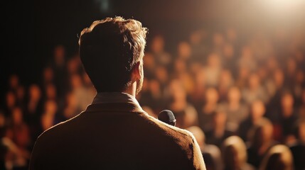 A man standing in front of a crowd, facing away from the camera, with a microphone clipped to his collar.