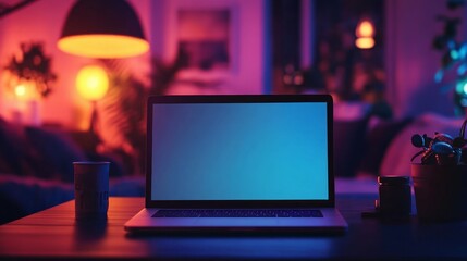 Laptop mockup with blank screen in dark blurred room with neon lights. Vector open laptop front view. Gaming laptop on desk against the background of furniture in room. Realistic vector computer 