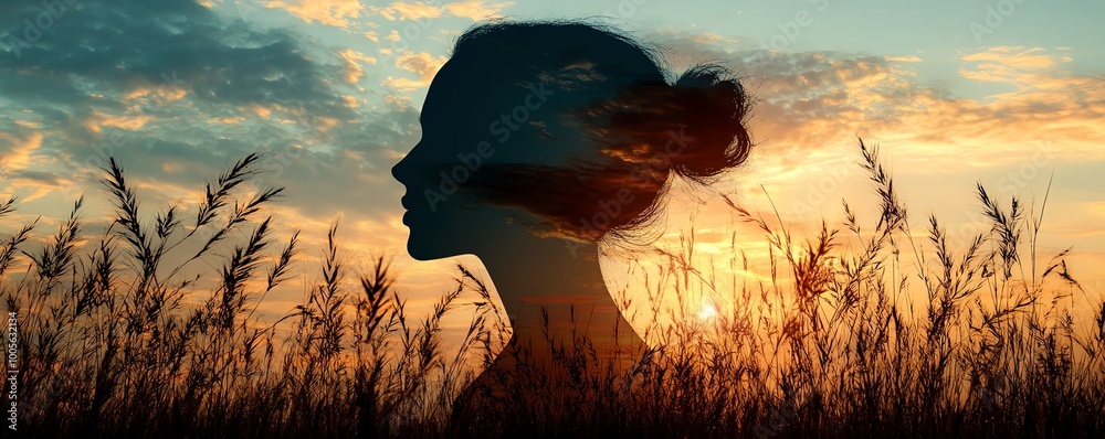 Poster silhouette of a head with a serene natural scene, symbolizing inner peace and tranquility, with clea