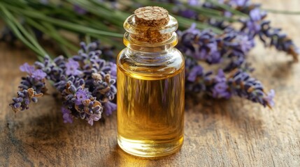 lavender essential oil in glass bottle with lavender flowers 