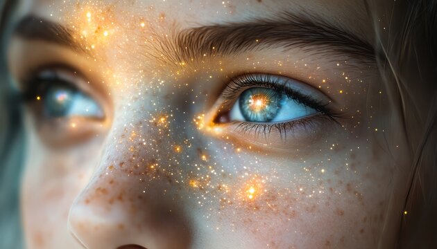 Thoughtful young girl with a reflective gaze, space and galaxies mirrored in her eyes, symbolizing her mental health and inner world