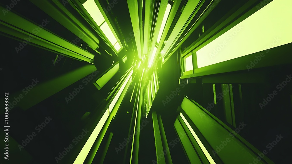 Poster Abstract green geometric shapes with a bright light at the top, creating a futuristic and dynamic visual.