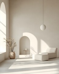 Fototapeta premium Beautifully lit minimalist room with soft pastel color palette and clean simple decor offering a serene calming backdrop for product and brand photography