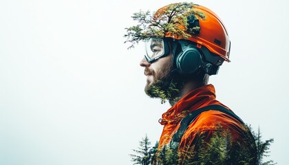 Obraz premium Treetrimmer man wearing a helmet, with a forest scene in the background, white backdrop offering clear and open space for copy
