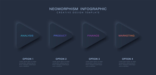 Neomorphism infographic template with 4 steps on a dark background. Vector creative design