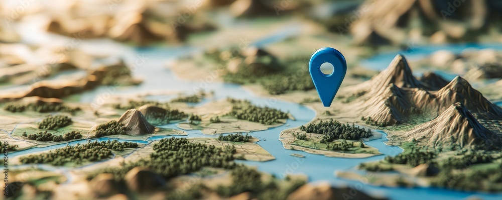 Poster 3d illustration of a topographical map with location pin icon, navigation concept