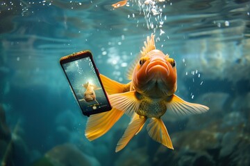 Goldfish takes selfie with phone underwater