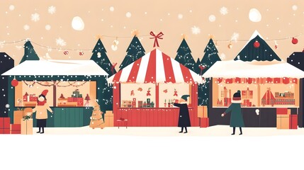 Vibrant and cozy depicting a lively Christmas market scene with various festive stalls and decorative displays in a flat design style capturing the warm and cheerful atmosphere of the holiday season