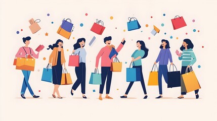 Flat design of Black Friday shopping experience with people carrying shopping bags and showcasing various retail discounts and deals