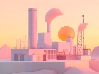 Obraz premium Charming minimalist cartoon style power plant with geometric shapes in a palette of pastel hues Playful and endearing architectural design futuristic and inventive