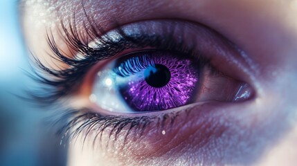 Fototapeta premium Macro photo of colored purple human eye texture background. extreme blue eye macro shot. Toned eye lens
