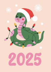 Cute illustration of a festive snake wrapped in Christmas lights and wearing a Santa hat. Perfect for 2025 holiday greetings and decorations. Simple flat style design with cheerful colors.