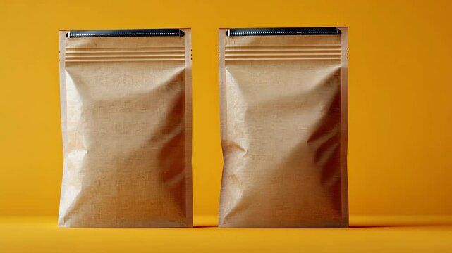 Two brown resealable pouches stand side by side on a yellow background