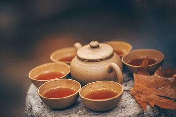 Traditional tea ceremony with a clay teapot and cups, celebrating Asian culture