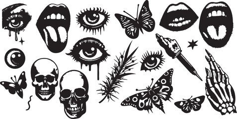 Mouth, heart, brain, head, scream, hand, flower, bow ribbon with halftone stipple effect, for grunge punk y2k collage design. Vector illustration in stipple halftone brutalist retro design for banner 