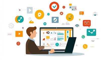 A man working on a laptop with a variety of icons representing different aspects of online business.