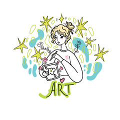 Obraz premium Vector illustration with a young female artist creating an illustration of flowers on a tablet. The set features modern digital art on a white background.