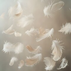 Ethereal Feather Utopia   Soft pastel toned feathery still life scene with wispy floating and intertwined feathers in a serene natural environment with a romantic delicate and velvety aesthetic