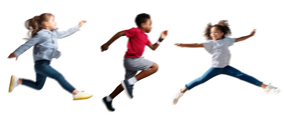 set of Motion blur running kids boy girl silhouettes, isolated on transparent background PNG for photo scenes
