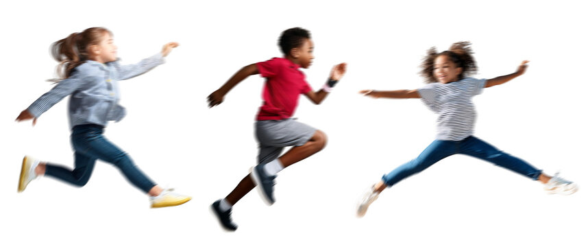 set of Motion blur running kids boy girl silhouettes, isolated on transparent background PNG for photo scenes