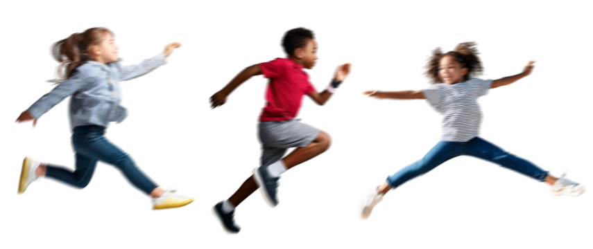 set of Motion blur running kids boy girl silhouettes, isolated on transparent background PNG for photo scenes