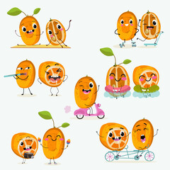 Kumquat character, tropical exotic fruit, vector isolated food icon, funny character. Hand drawn vector.