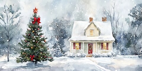 A Christmas tree is in front of a house with a red door. The house is surrounded by snow and the scene is very peaceful and serene